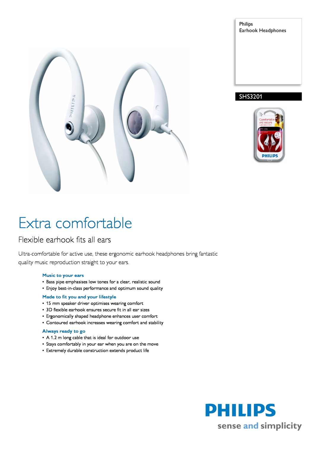 Philips SHS3201 manual Philips Earhook Headphones, Extra comfortable, Flexible earhook fits all ears 