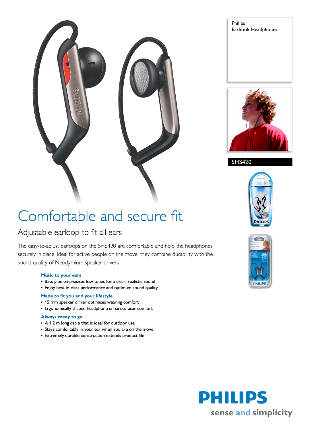 Philips SHS420 manual Philips Earhook Headphones, Comfortable and secure fit, Adjustable earloop to fit all ears 
