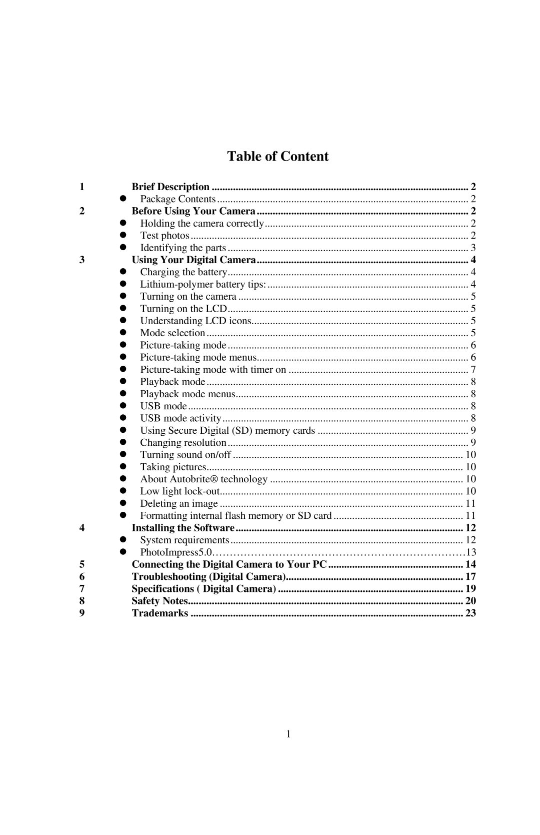 Philips SIC4434, PT44434 manual Table of Content, Brief Description, Before Using Your Camera, Using Your Digital Camera 