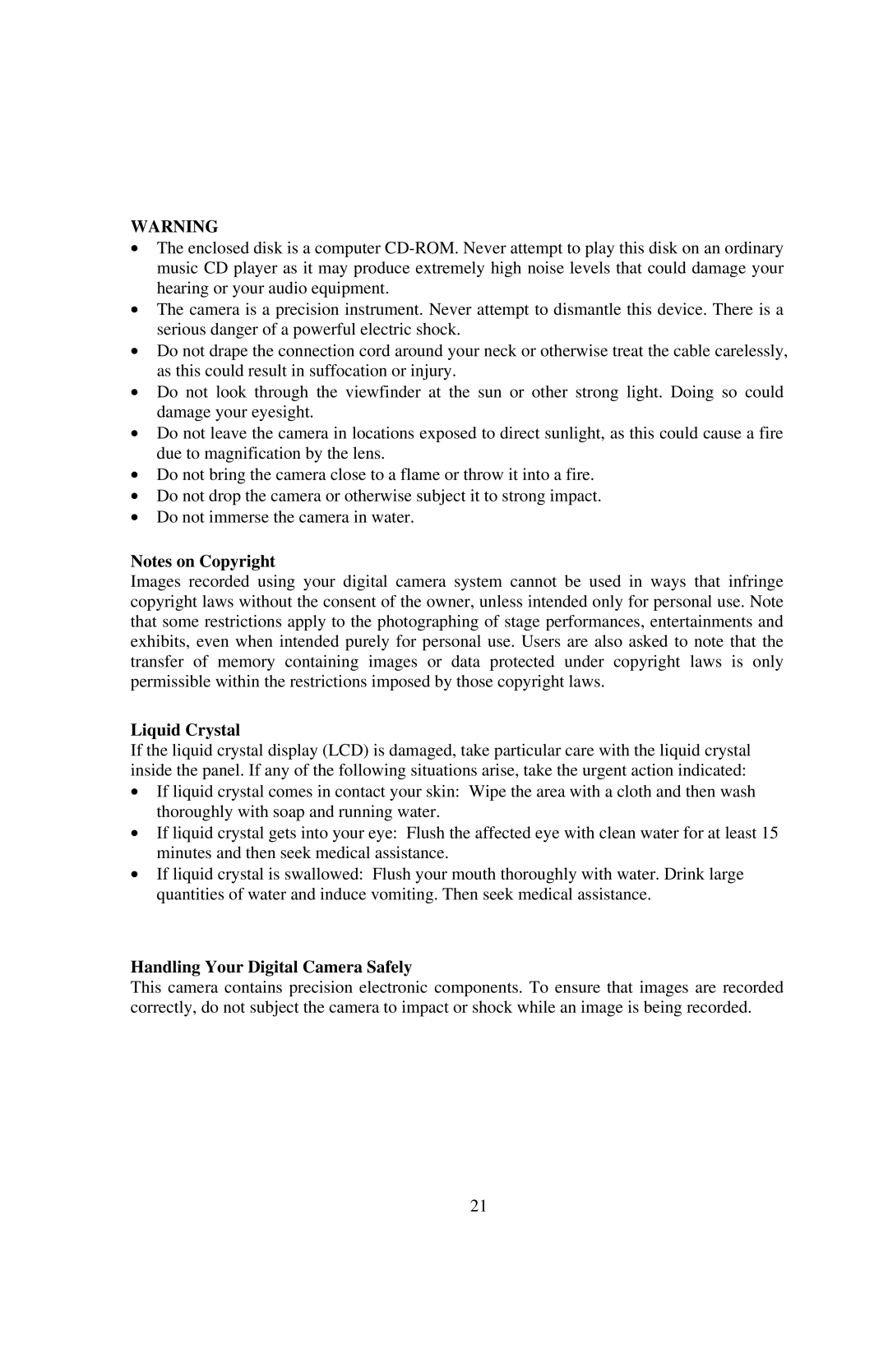 Philips SIC4434, PT44434 manual Liquid Crystal, Handling Your Digital Camera Safely 