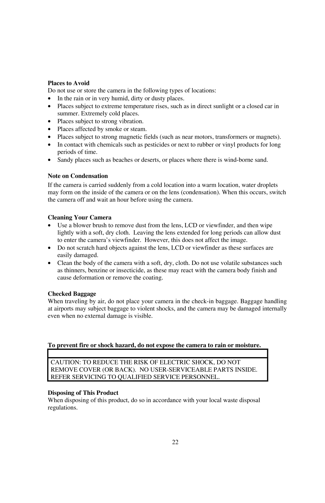 Philips PT44434, SIC4434 manual Places to Avoid, Cleaning Your Camera, Checked Baggage 