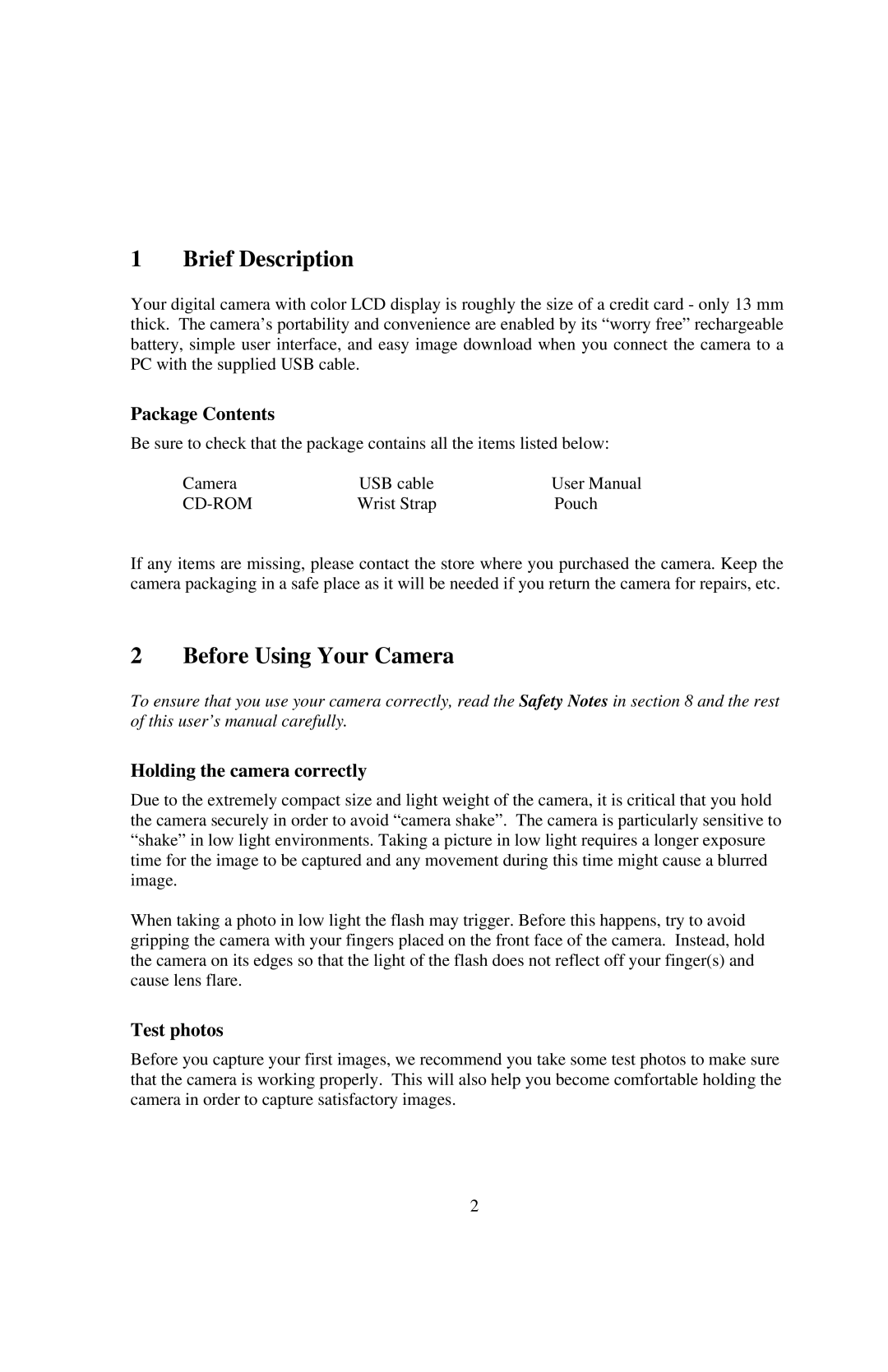 Philips PT44434 Brief Description, Before Using Your Camera, Package Contents, Holding the camera correctly, Test photos 