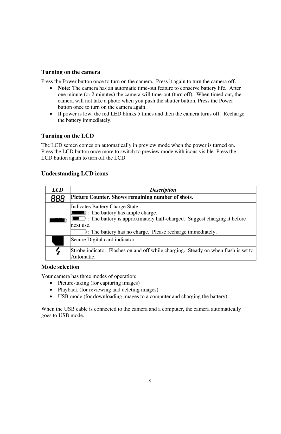 Philips SIC4434, PT44434 manual Turning on the camera, Turning on the LCD, Understanding LCD icons, Mode selection 