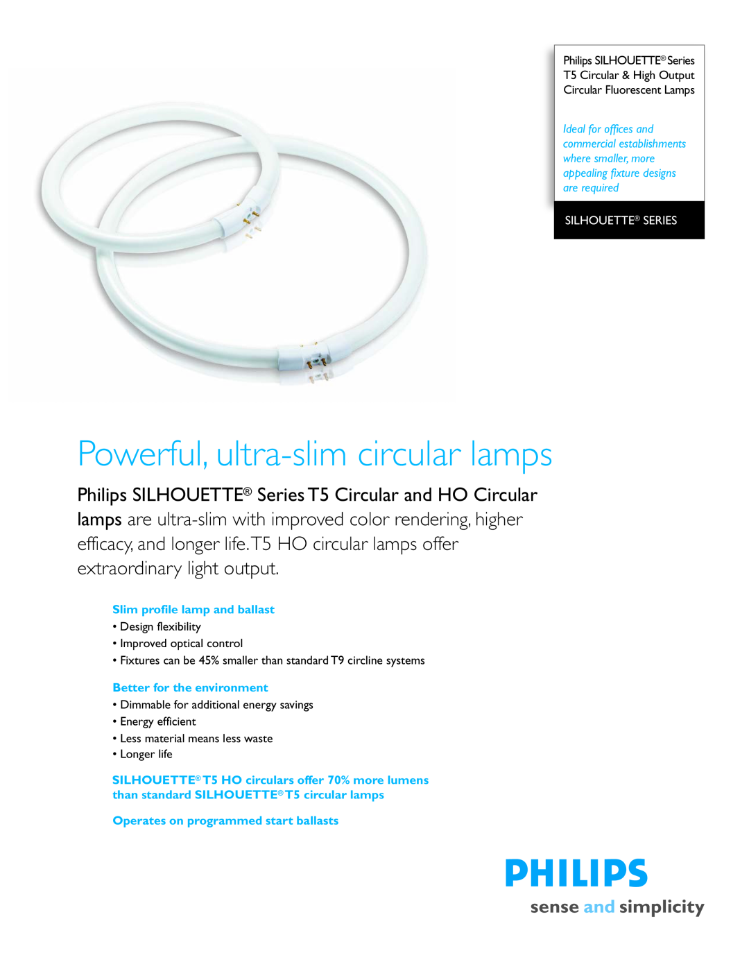 Philips SILHOUETTE Series manual Powerful, ultra-slim circular lamps, Silhouette Series, Slim profile lamp and ballast 