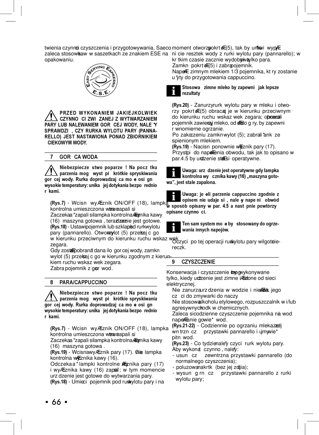 Philips SIN 006XN operating instructions Gorąca Woda, Para/Cappuccino, Czyszczenie 