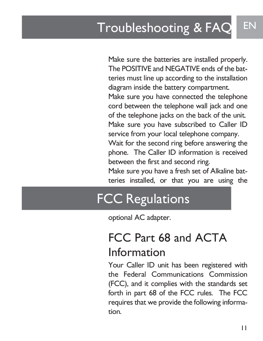 Philips SJA9190/17 user manual Troubleshooting & FAQ EN, FCC Regulations, FCC Part 68 and Acta Information 