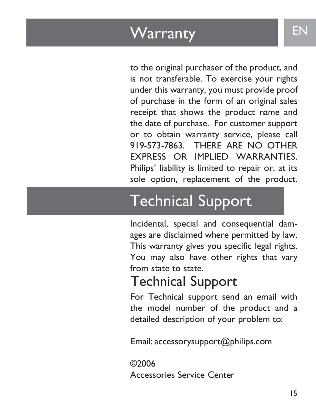 Philips SJA9190/17 user manual WarrantyEN, Technical Support 