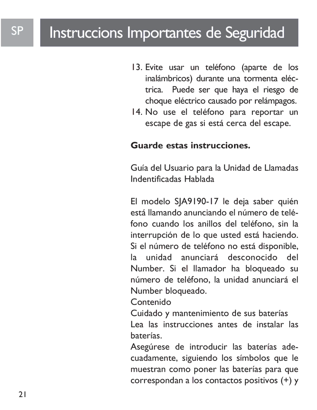 Philips SJA9190/17 user manual Guarde estas instrucciones, Indentificadas Hablada 