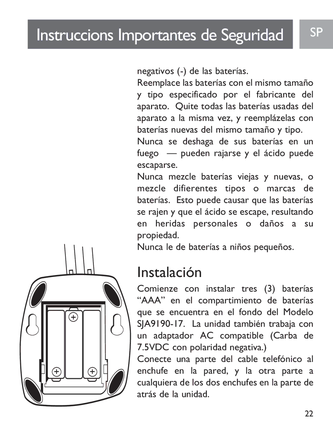 Philips SJA9190/17 user manual Instalación, Negativos de las baterías 