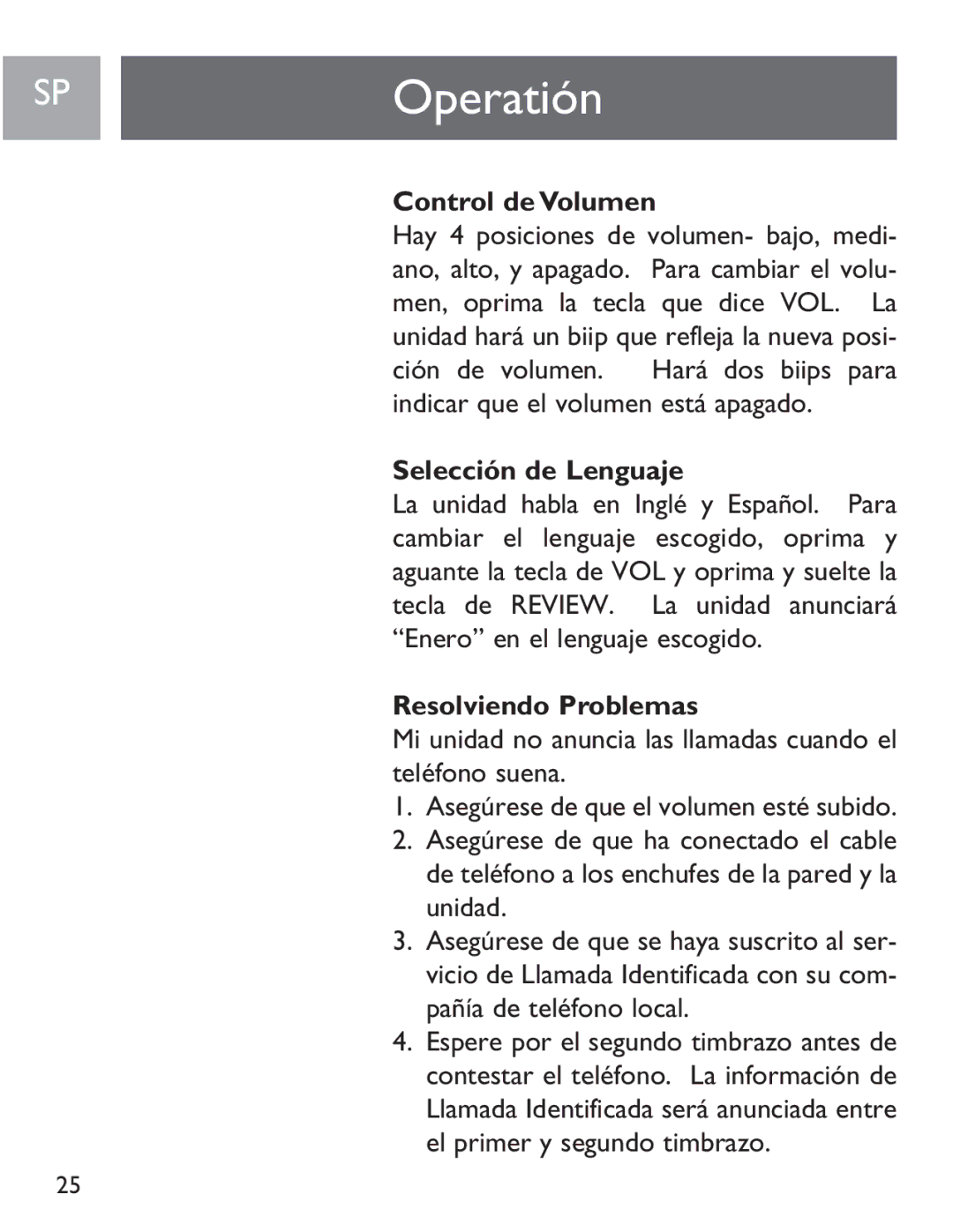 Philips SJA9190/17 user manual Operatión, Control de Volumen, Selección de Lenguaje, Resolviendo Problemas 