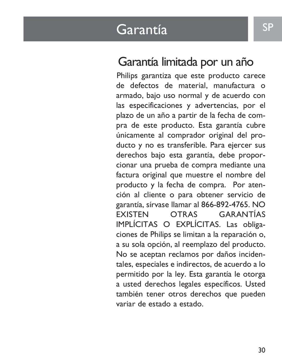 Philips SJA9190/17 user manual GarantíaSP, Garantía limitada por un año 