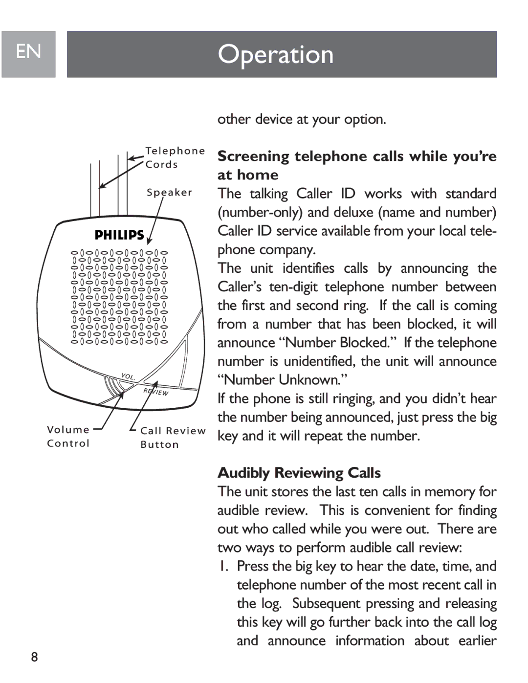 Philips SJA9190/17 user manual ENOperation, Screening telephone calls while you’re at home, Audibly Reviewing Calls 