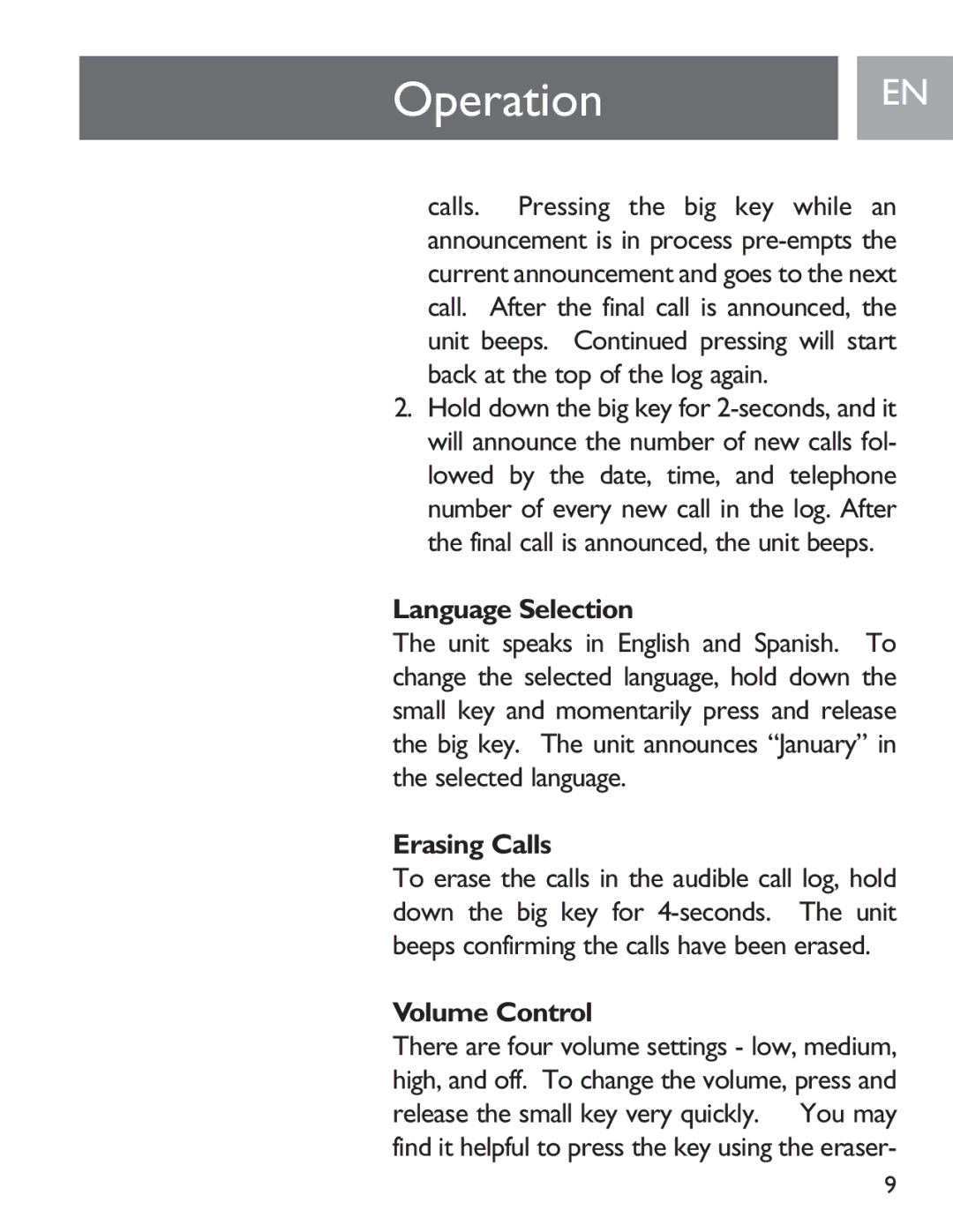 Philips SJA9190/17 user manual OperationEN, Language Selection, Erasing Calls, Volume Control 