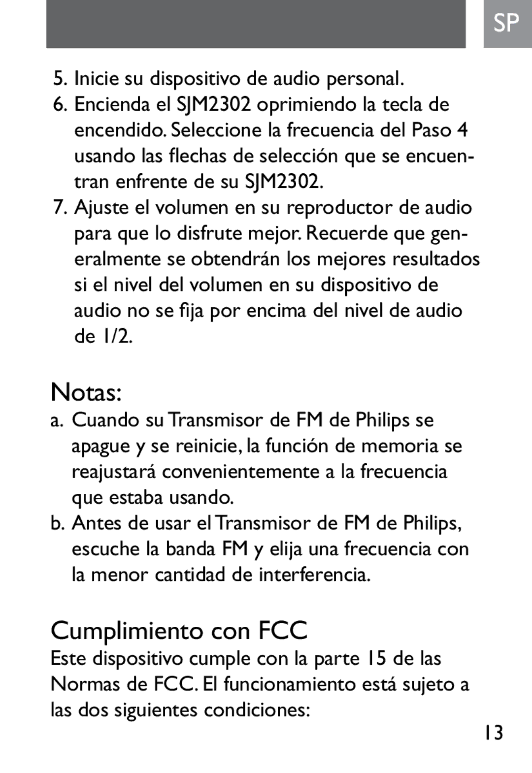 Philips SJM2327, SJM2302 user manual Notas, Cumplimiento con FCC 