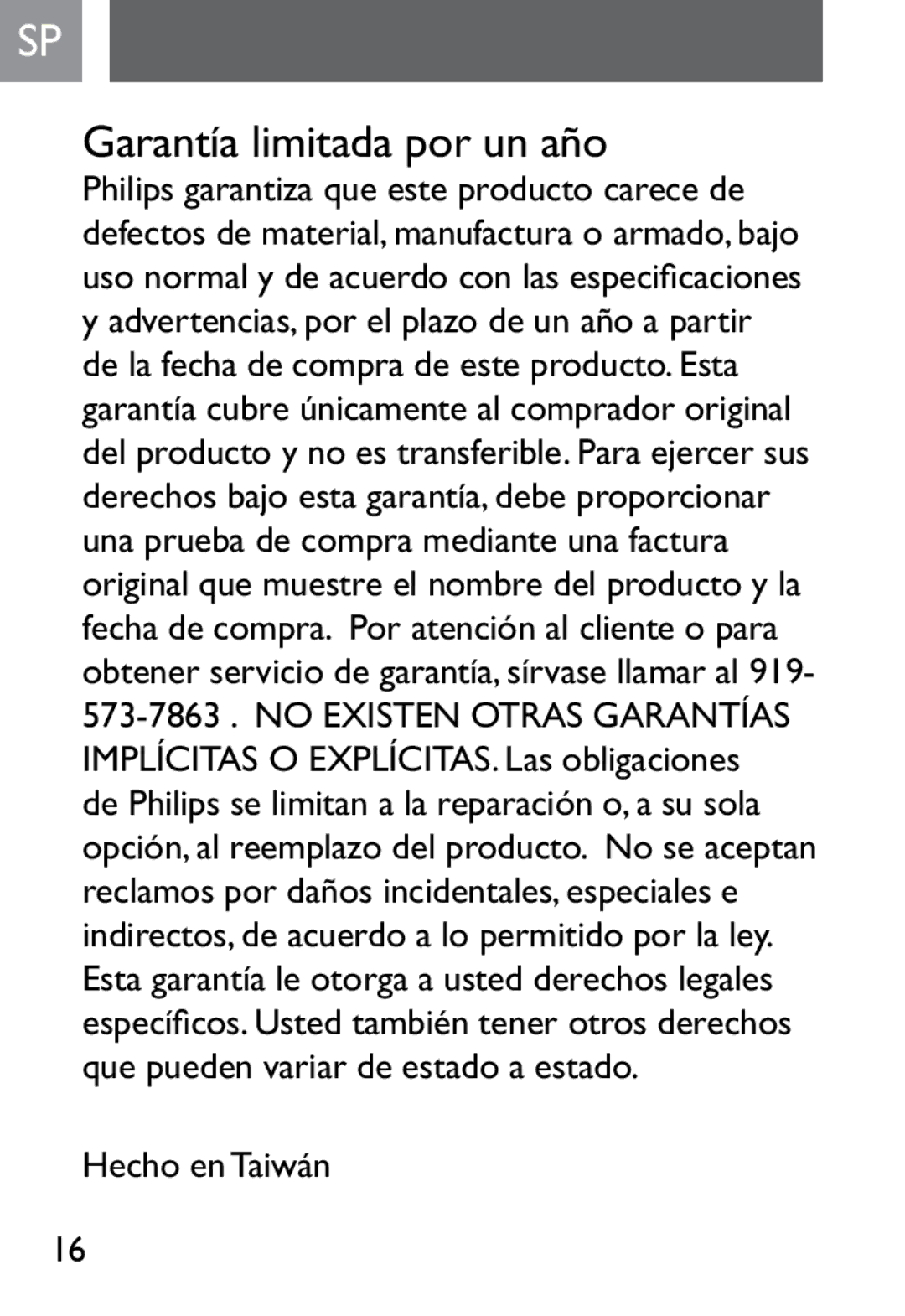 Philips SJM2302, SJM2327 user manual Garantía limitada por un año 