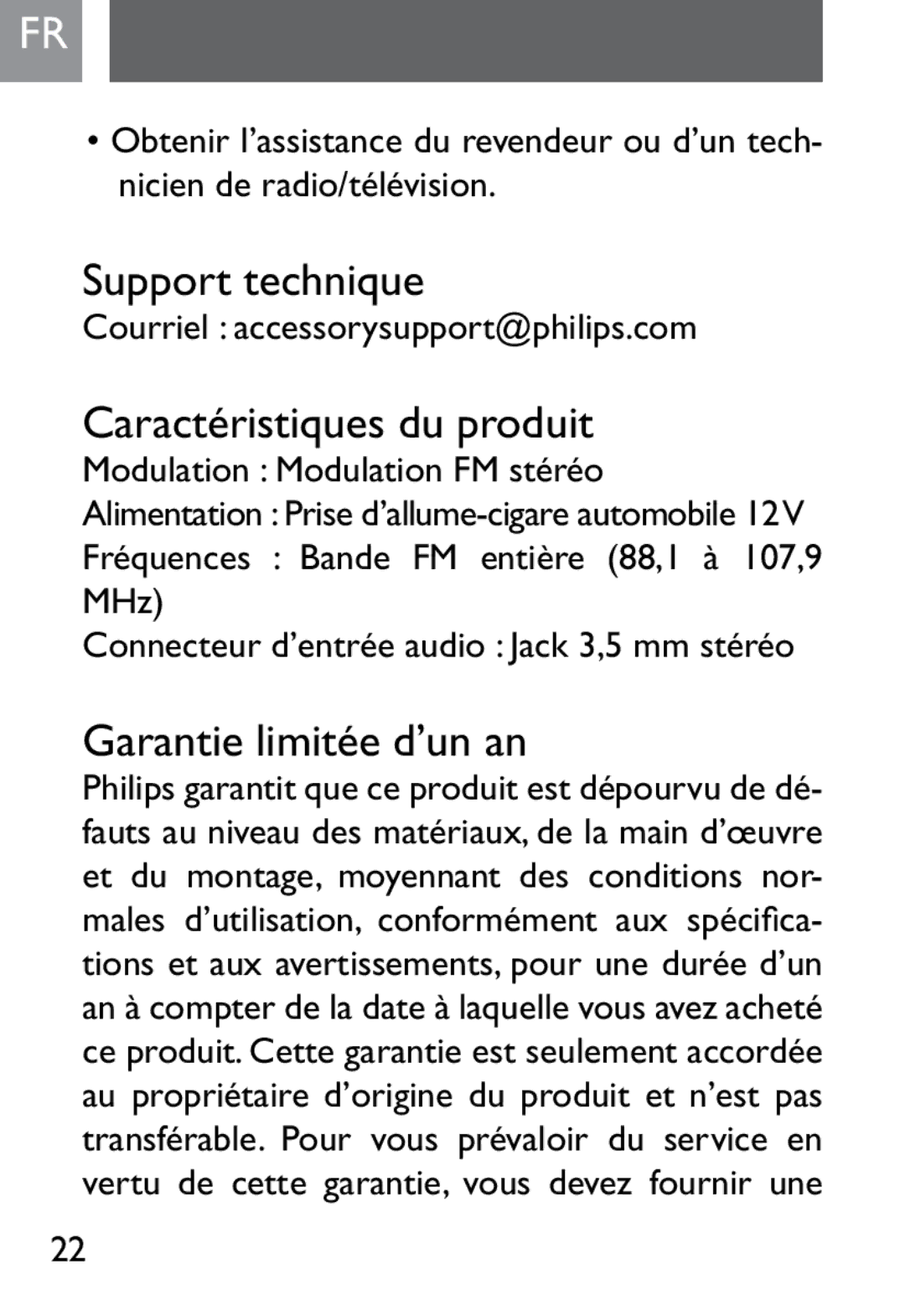 Philips SJM2302, SJM2327 user manual Support technique, Caractéristiques du produit, Garantie limitée d’un an 