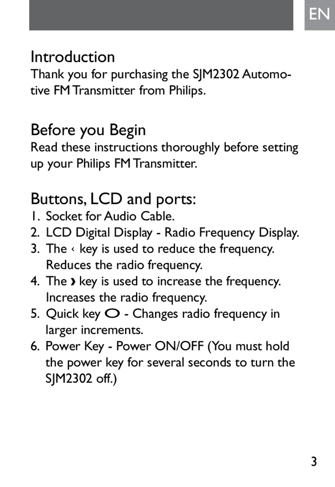 Philips SJM2327, SJM2302 user manual Introduction, Before you Begin, Buttons, LCD and ports 