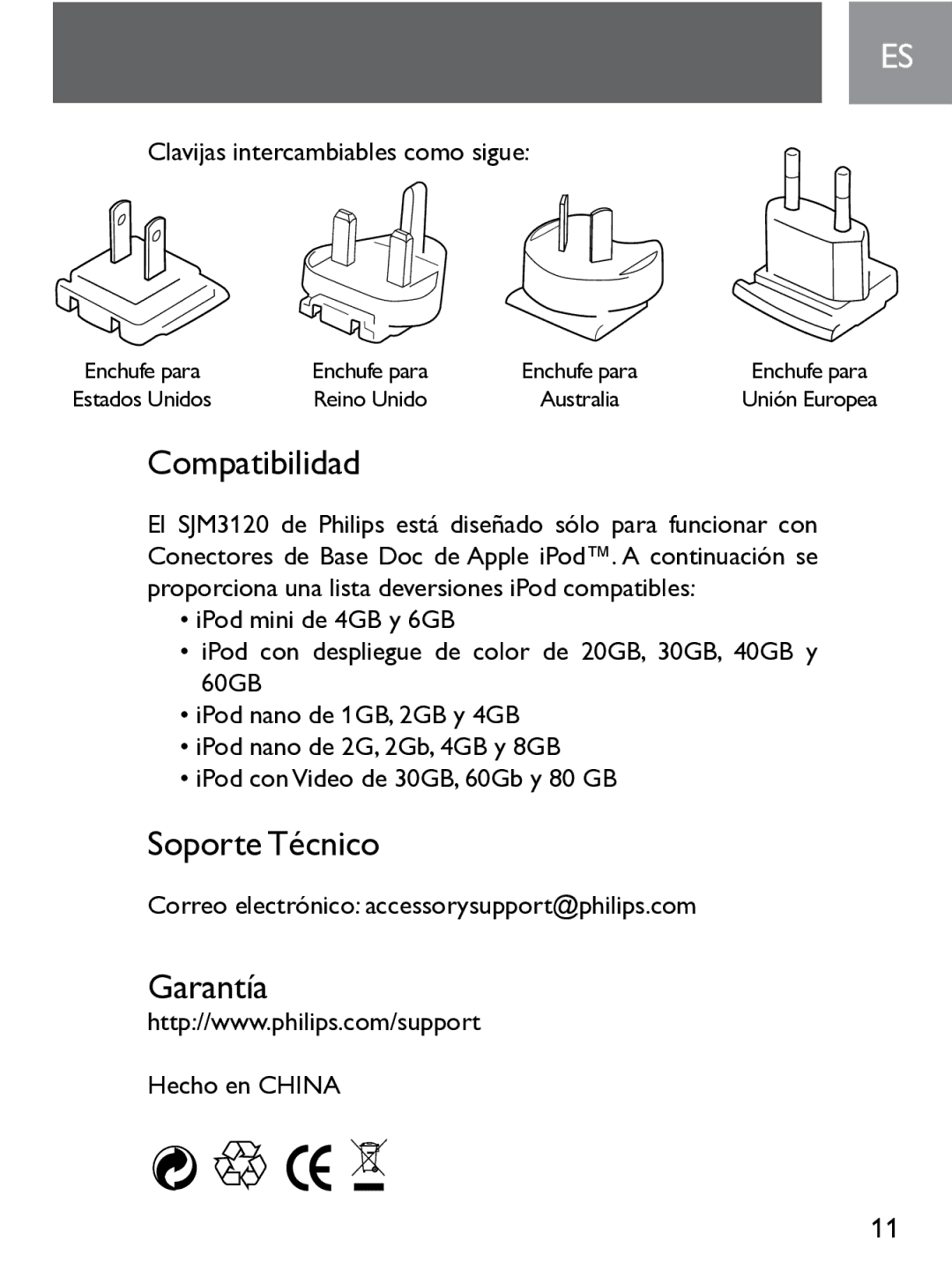 Philips SJM3120 user manual Compatibilidad, Soporte Técnico, Garantía 