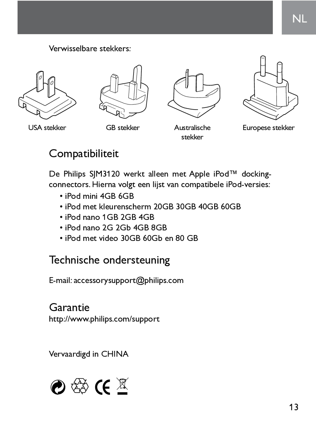 Philips SJM3120 user manual Compatibiliteit, Technische ondersteuning, Verwisselbare stekkers, Vervaardigd in China 