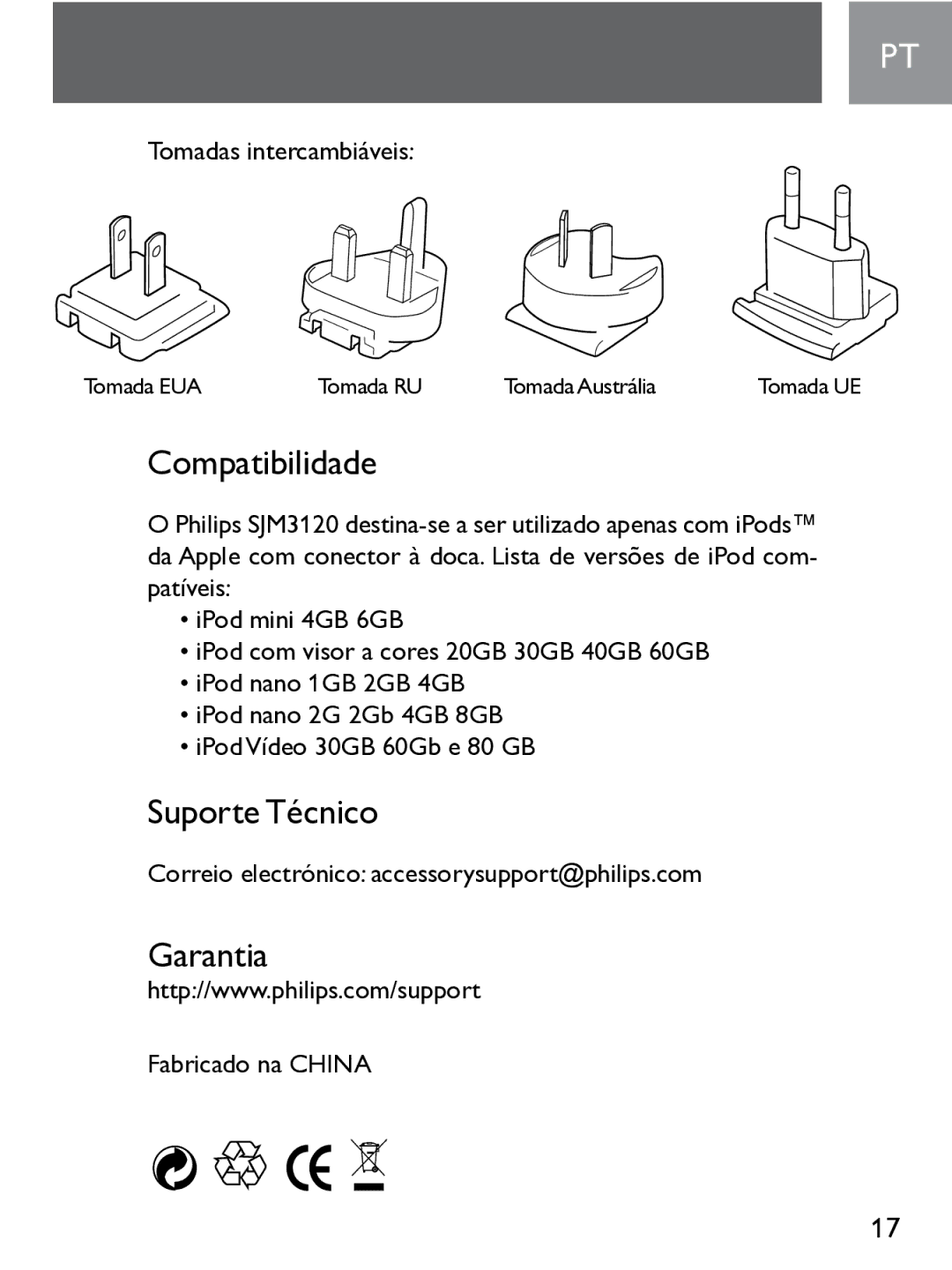 Philips SJM3120 user manual Compatibilidade, Suporte Técnico, Garantia 