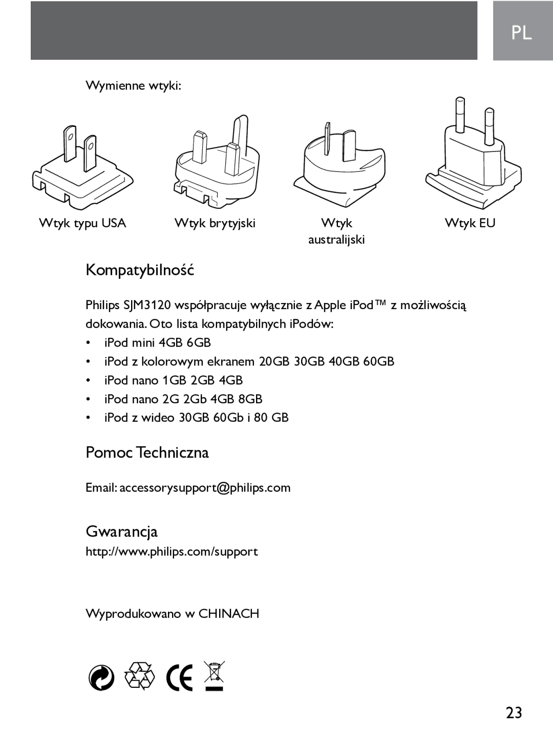 Philips SJM3120 user manual Pomoc Techniczna 