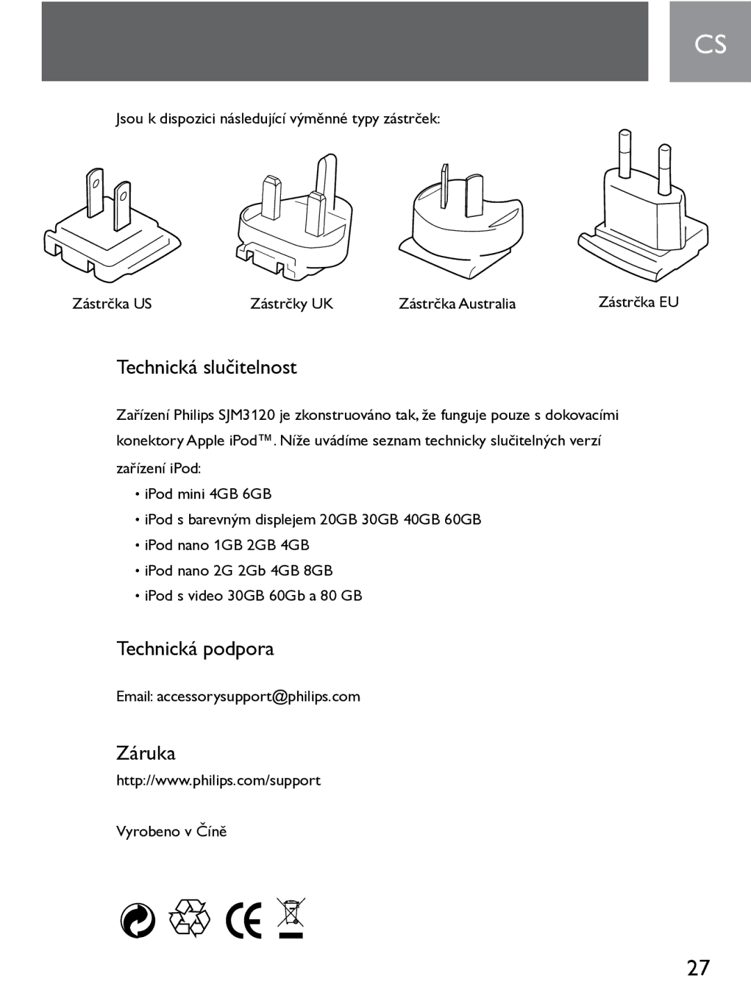 Philips SJM3120 user manual Technická slučitelnost, Technická podpora, Záruka 