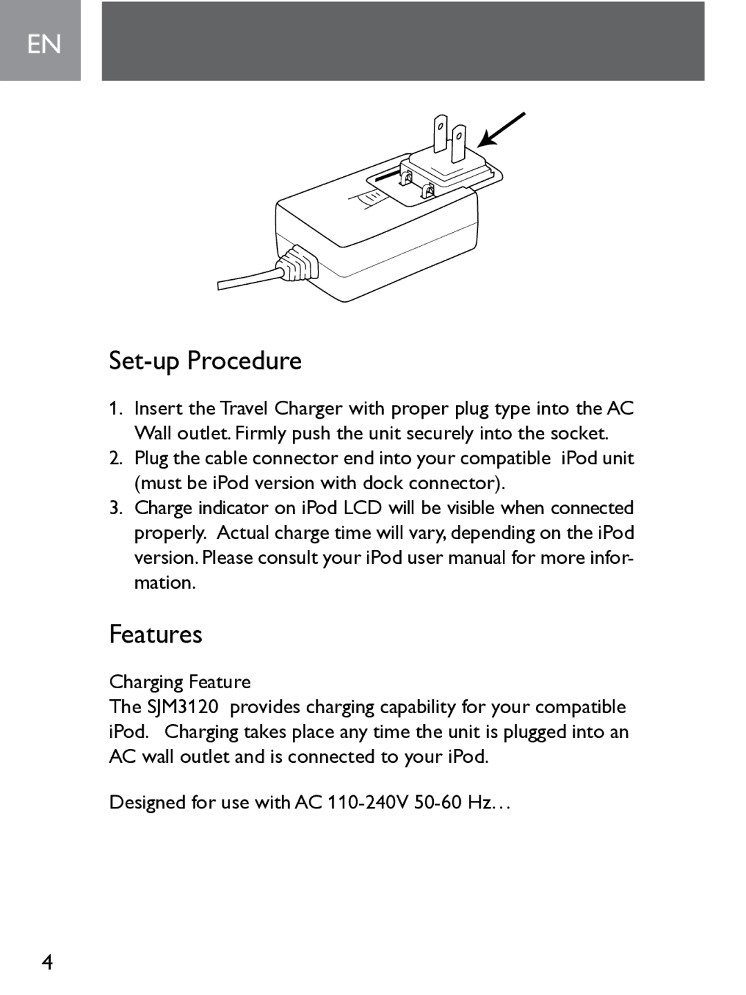 Philips SJM3120 user manual Set-up Procedure, Features, Charging Feature, Designed for use with AC 110-240V 50-60 Hz… 