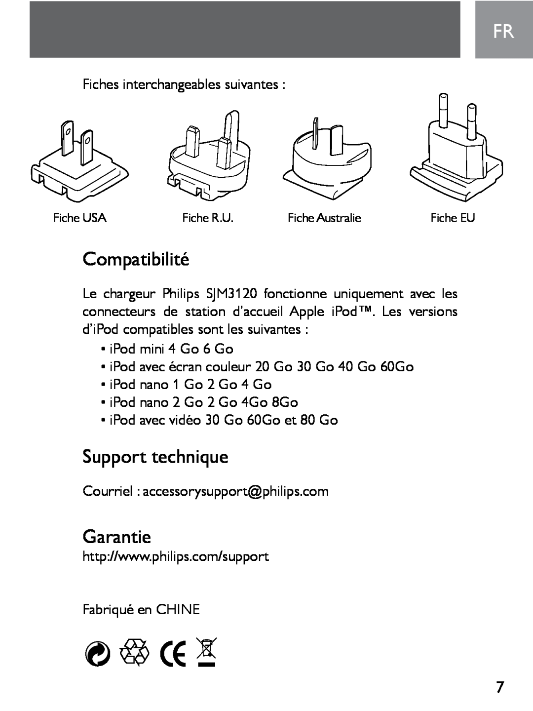 Philips SJM3120 user manual Compatibilité, Support technique, Garantie 