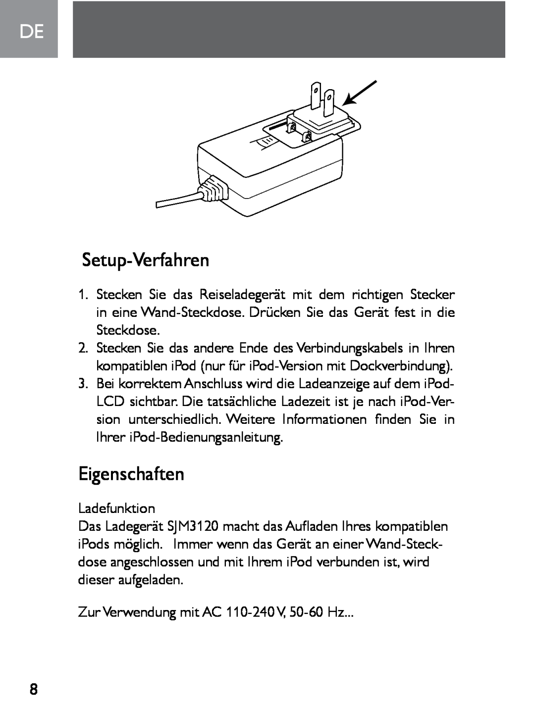 Philips SJM3120 user manual Setup-Verfahren, Eigenschaften 