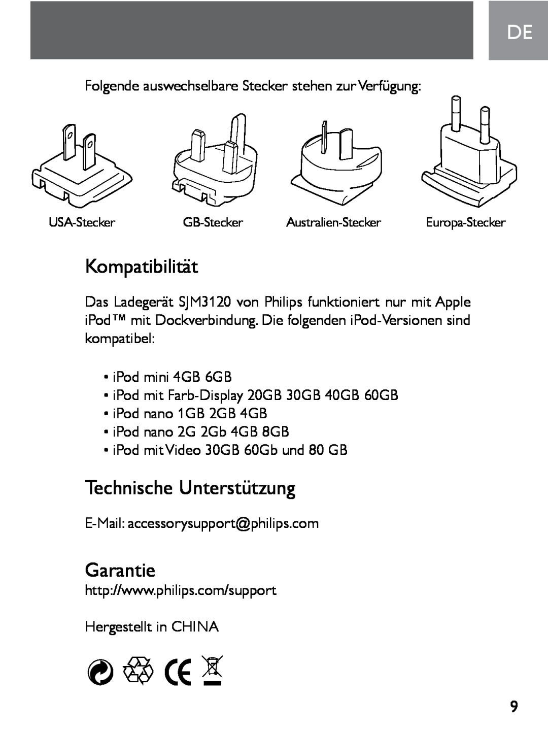 Philips SJM3120 user manual Kompatibilität, Technische Unterstützung, Garantie, USA-Stecker, GB-Stecker, Australien-Stecker 