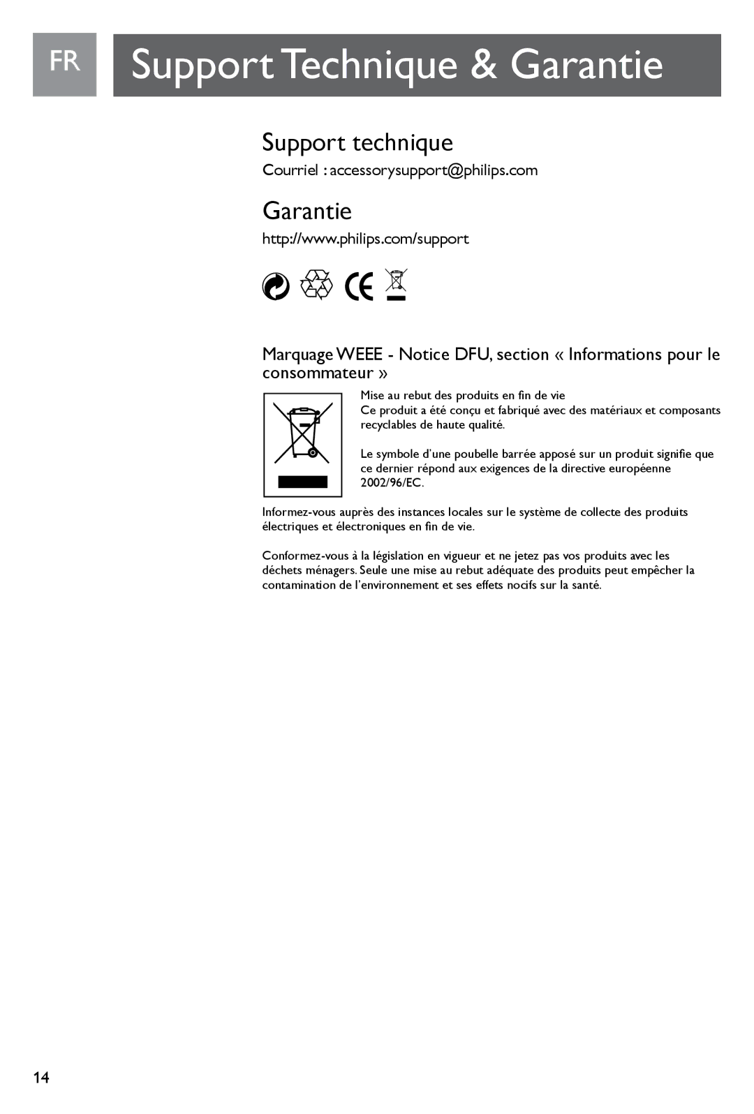 Philips SJM3140, SJM3141 FR Support Technique & Garantie, Support technique, Courriel accessorysupport@philips.com 