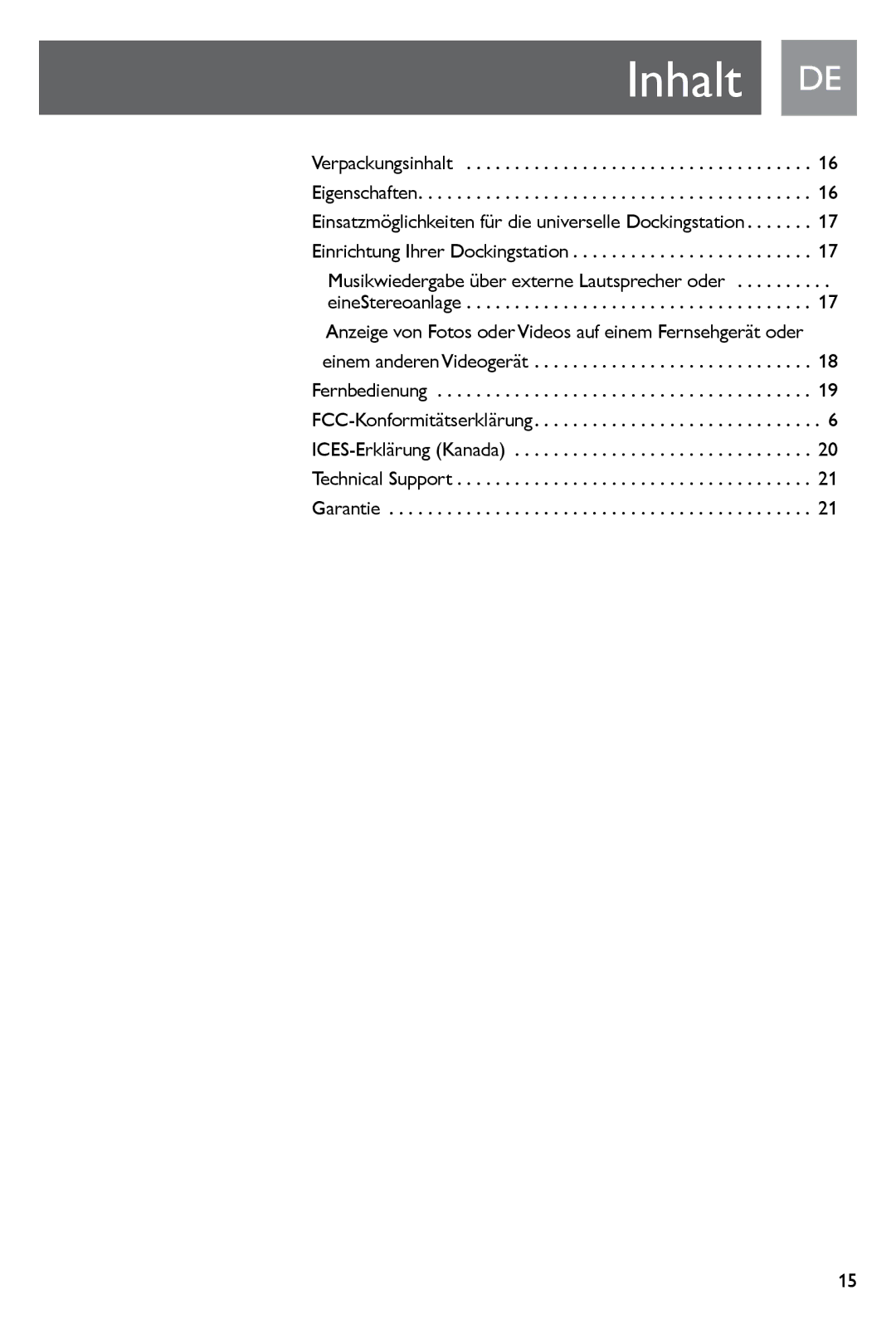 Philips SJM3141, SJM3140 user manual Inhalt DE, Musikwiedergabe über externe Lautsprecher oder 