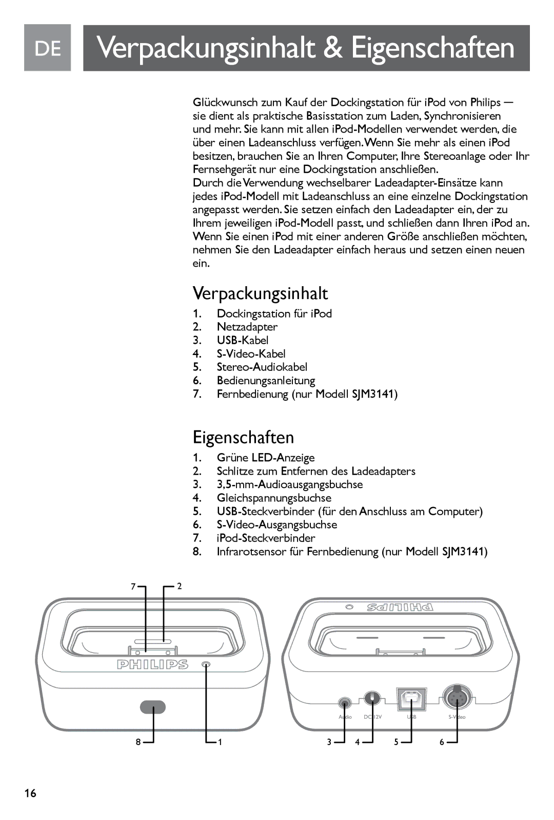 Philips SJM3140, SJM3141 user manual Verpackungsinhalt, Eigenschaften 