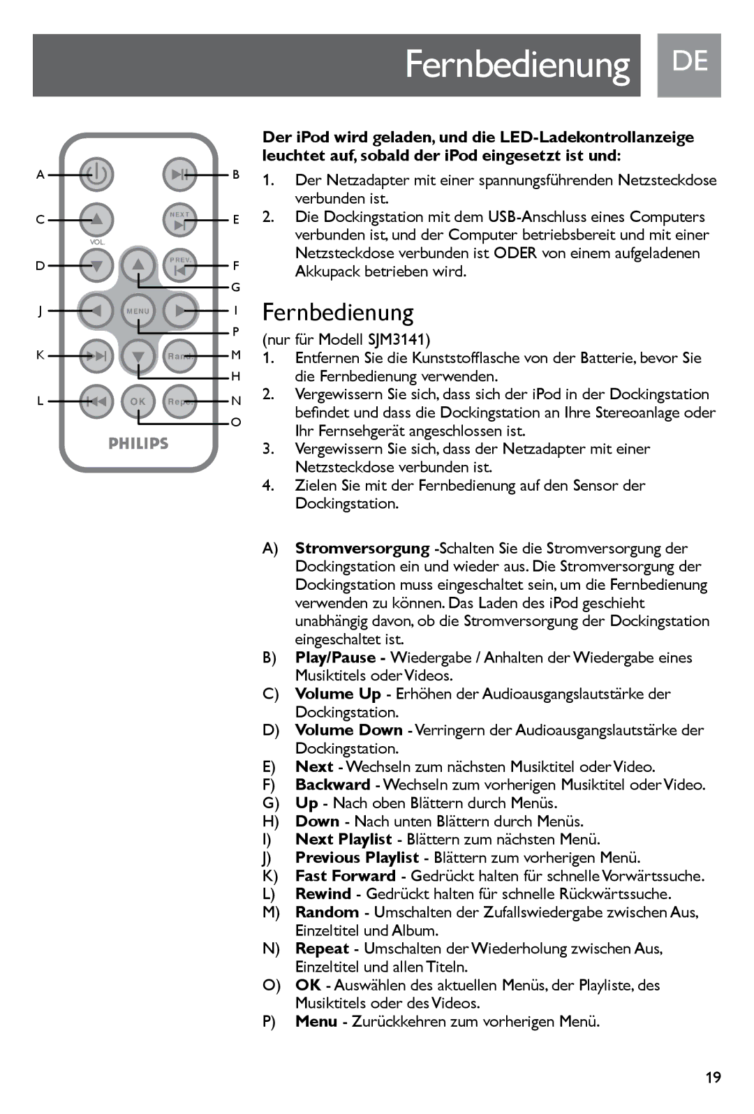 Philips SJM3141, SJM3140 user manual Fernbedienung 