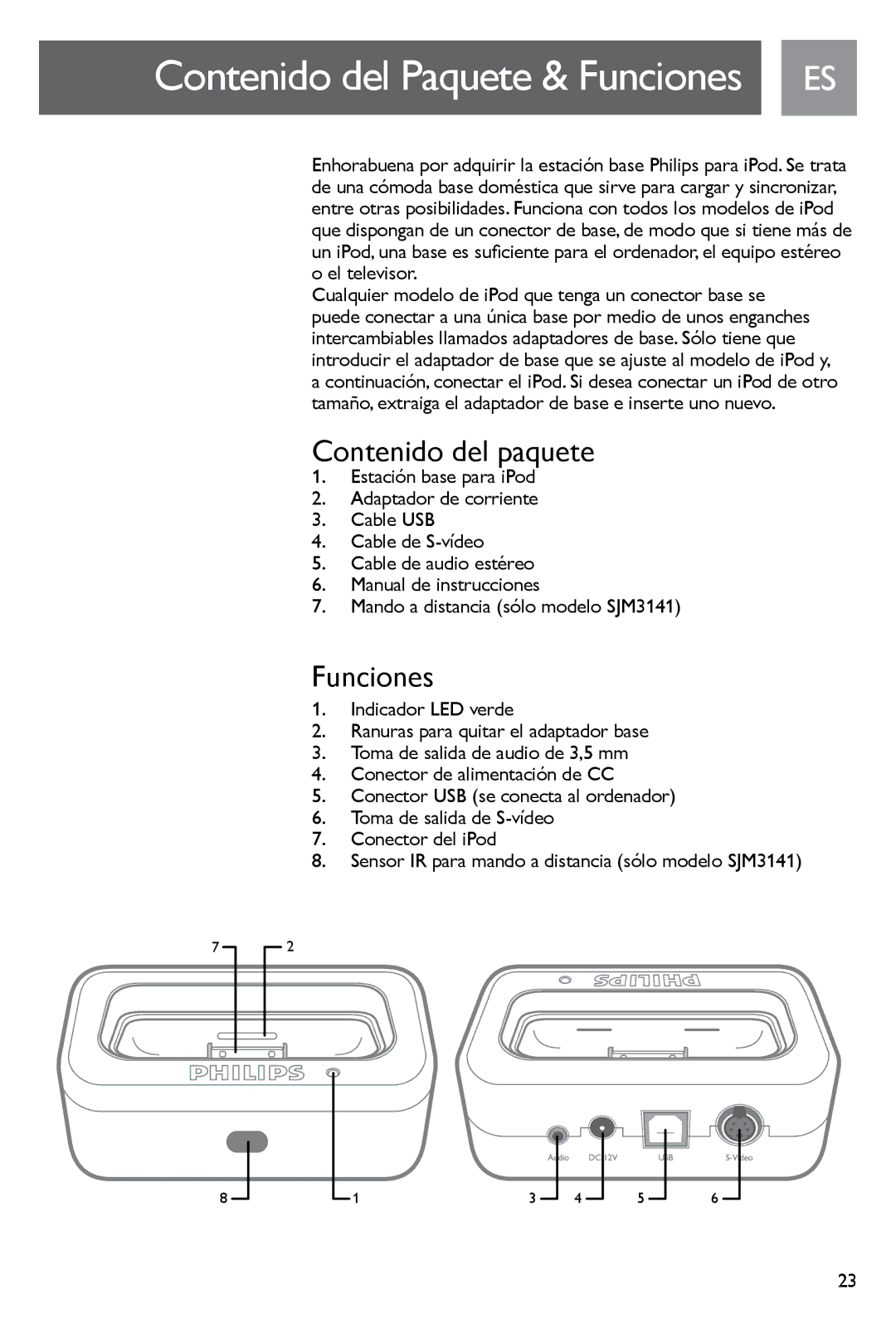 Philips SJM3141, SJM3140 user manual Contenido del paquete, Funciones 