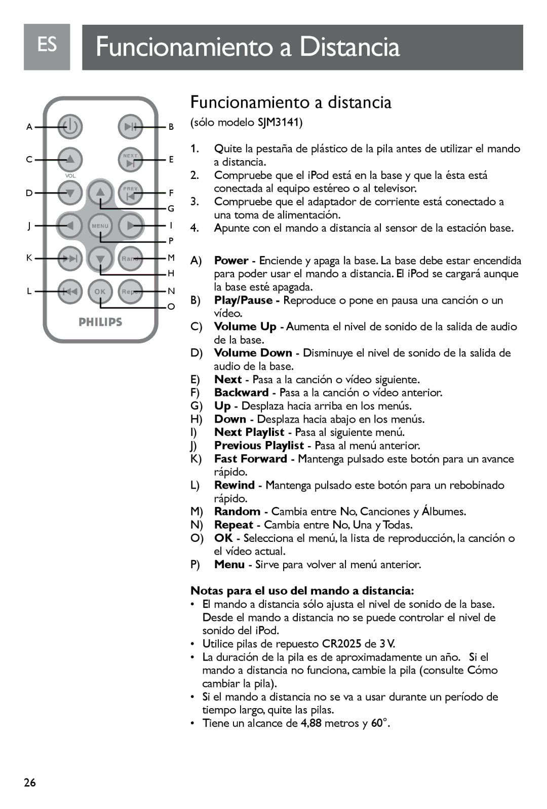 Philips SJM3140, SJM3141 user manual Funcionamiento a distancia 