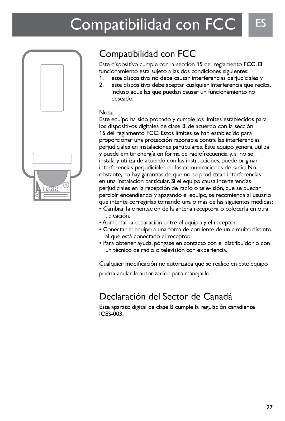 Philips SJM3141, SJM3140 user manual Compatibilidad con FCC, Declaración del Sector de Canadá, Deseado Nota 