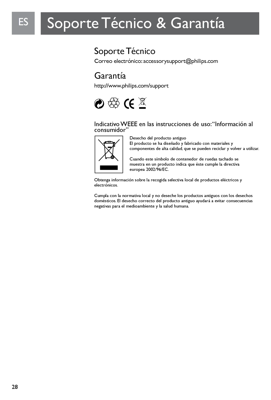 Philips SJM3140, SJM3141 user manual ES Soporte Técnico & Garantía, Correo electrónico accessorysupport@philips.com 