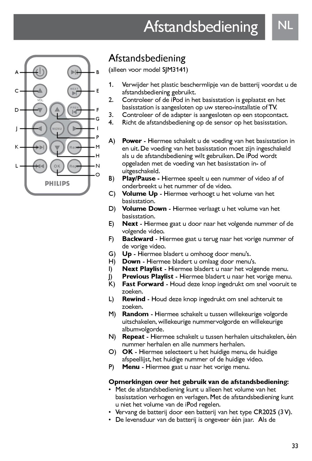 Philips SJM3141, SJM3140 user manual Afstandsbediening 