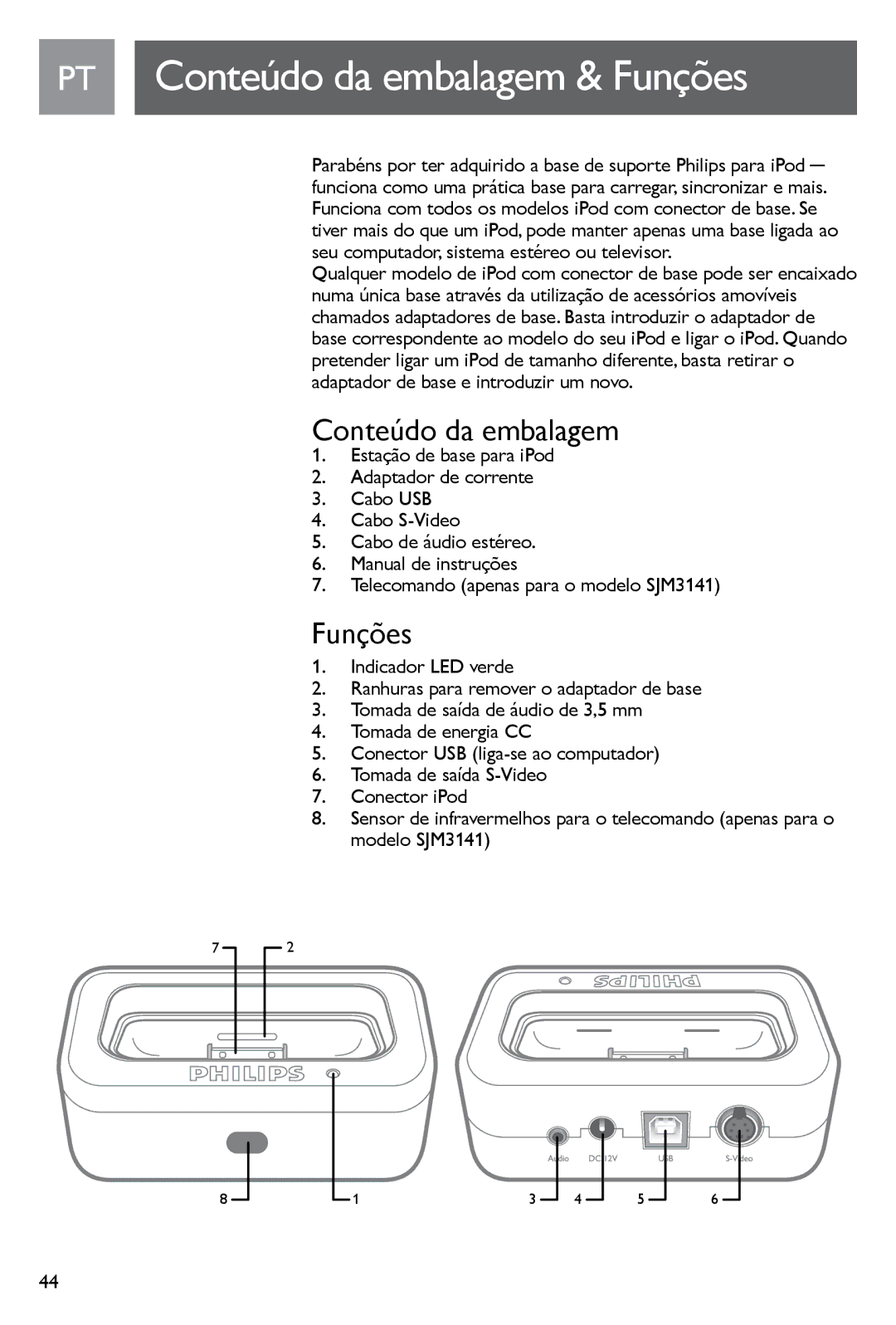 Philips SJM3140, SJM3141 user manual PT Conteúdo da embalagem & Funções 