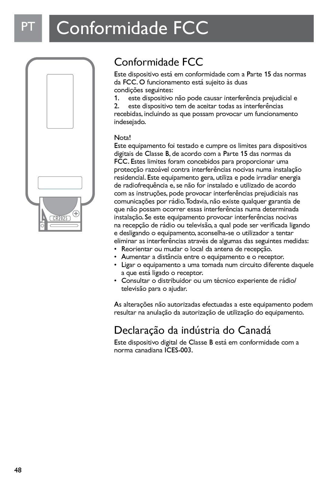 Philips SJM3140, SJM3141 user manual PT Conformidade FCC, Declaração da indústria do Canadá 