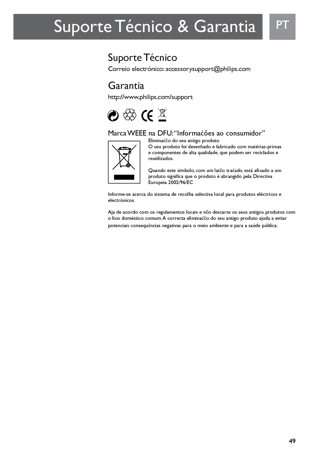 Philips SJM3141, SJM3140 user manual Suporte Técnico & Garantia PT, Correio electrónico accessorysupport@philips.com 