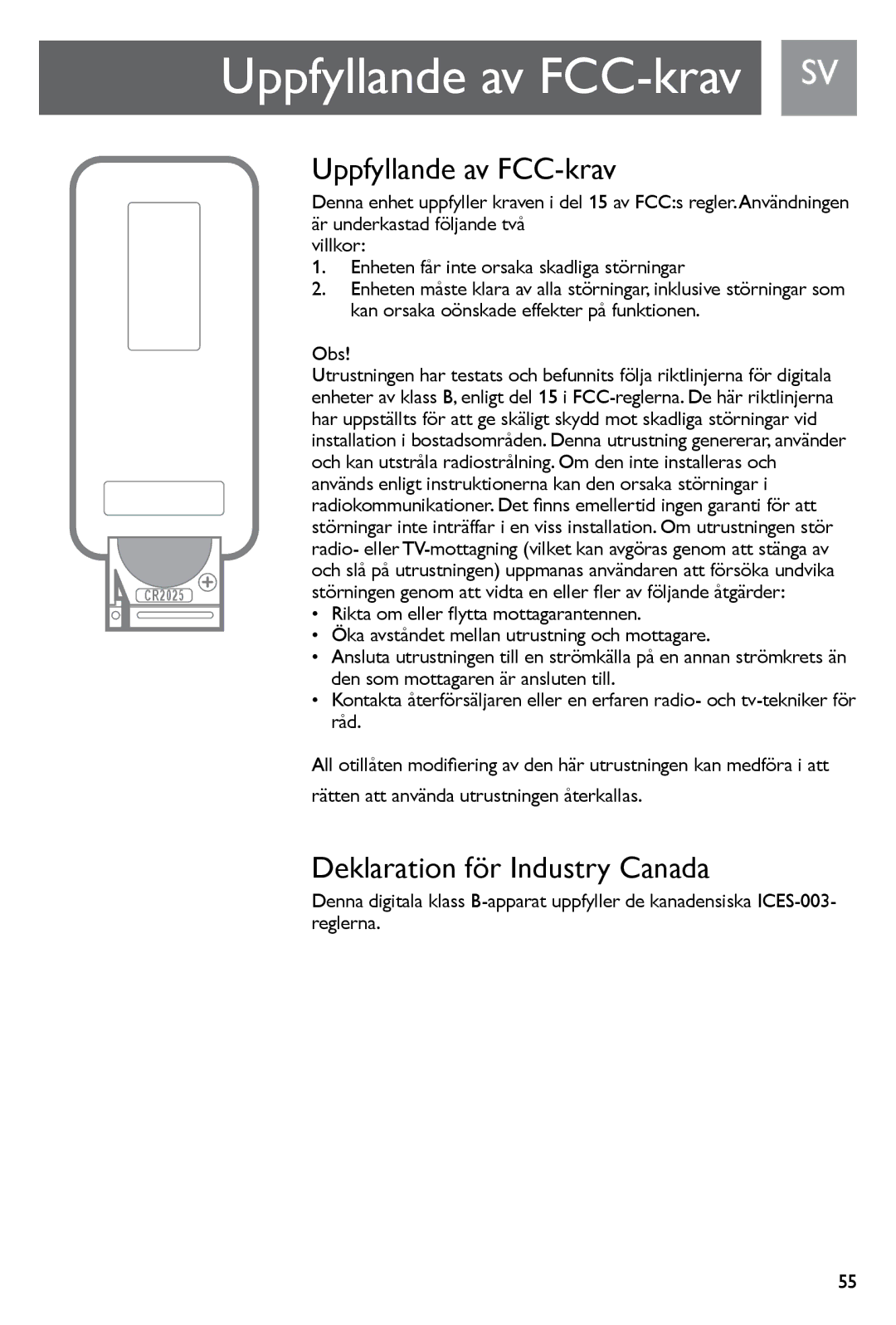 Philips SJM3141, SJM3140 user manual Uppfyllande av FCC-krav SV, Deklaration för Industry Canada, Obs 