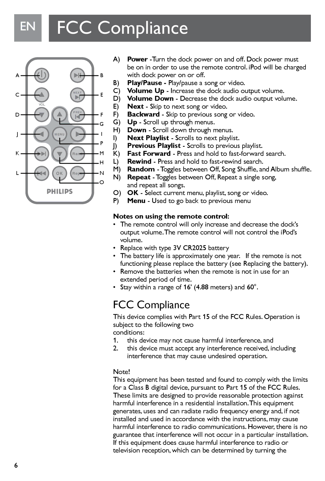 Philips SJM3140, SJM3141 user manual EN FCC Compliance, Repeat Toggles between Off, Repeat a single song 