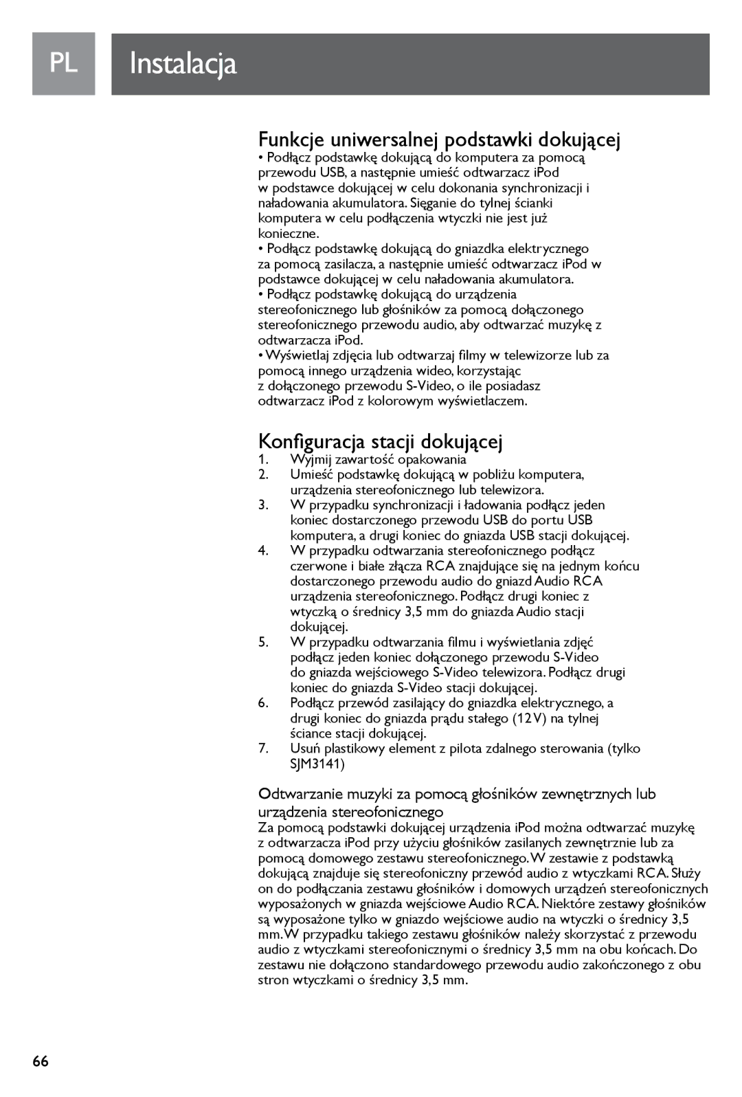 Philips SJM3140, SJM3141 user manual Funkcje uniwersalnej podstawki dokującej, Konfiguracja stacji dokującej 