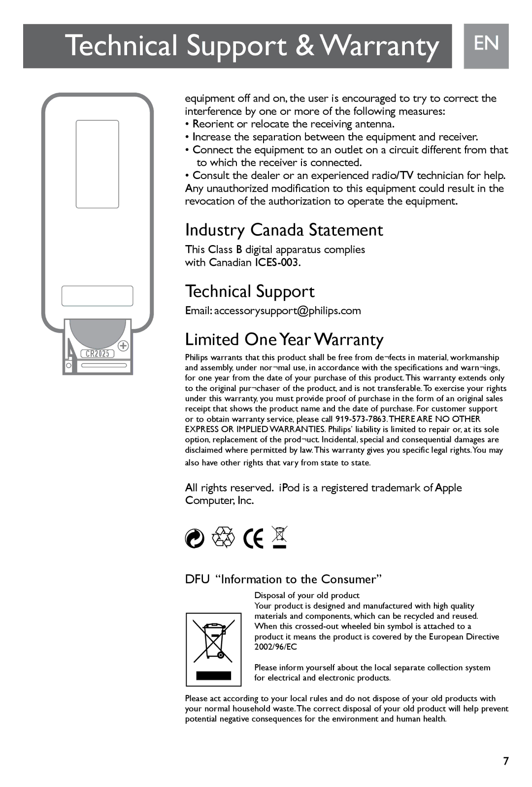 Philips SJM3141, SJM3140 user manual Technical Support & Warranty EN, Industry Canada Statement, Limited One Year Warranty 