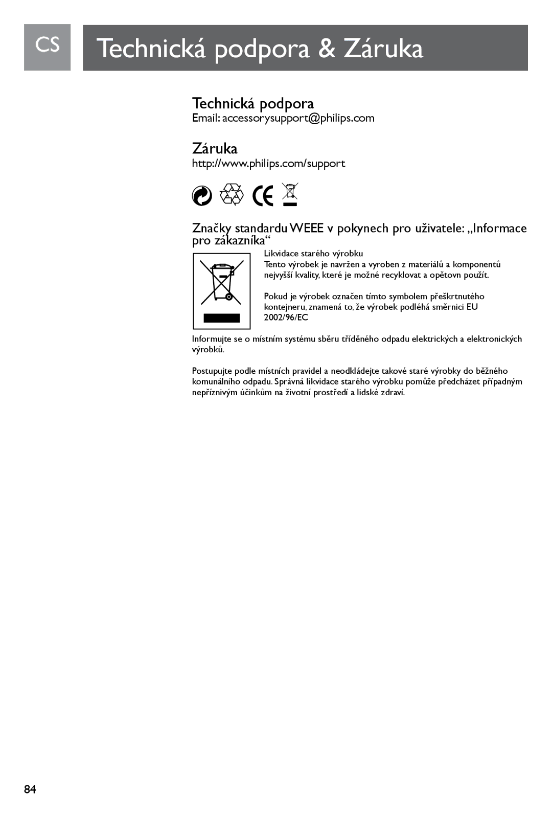 Philips SJM3140, SJM3141 user manual CS Technická podpora & Záruka 