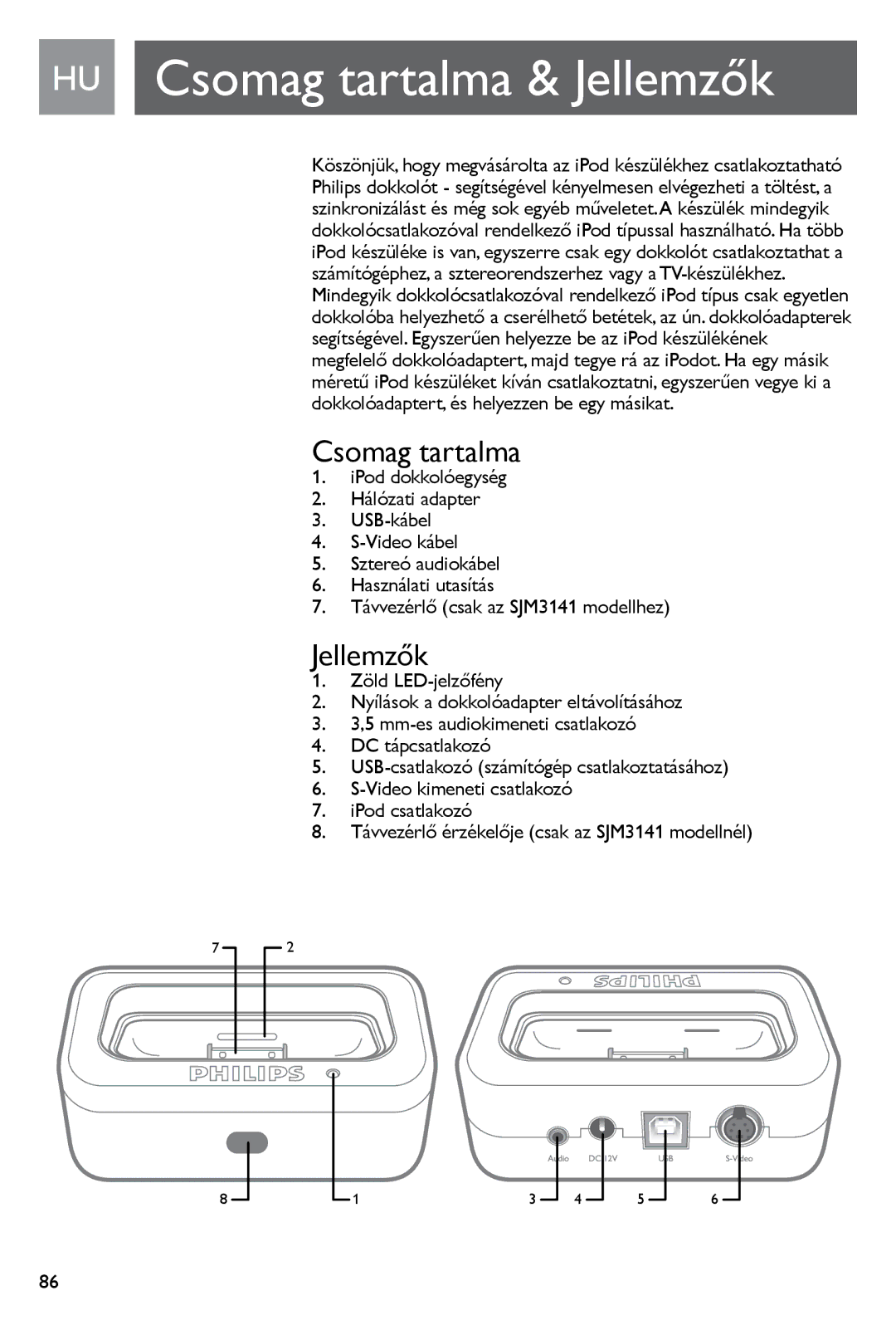 Philips SJM3140, SJM3141 user manual HU Csomag tartalma & Jellemzők 