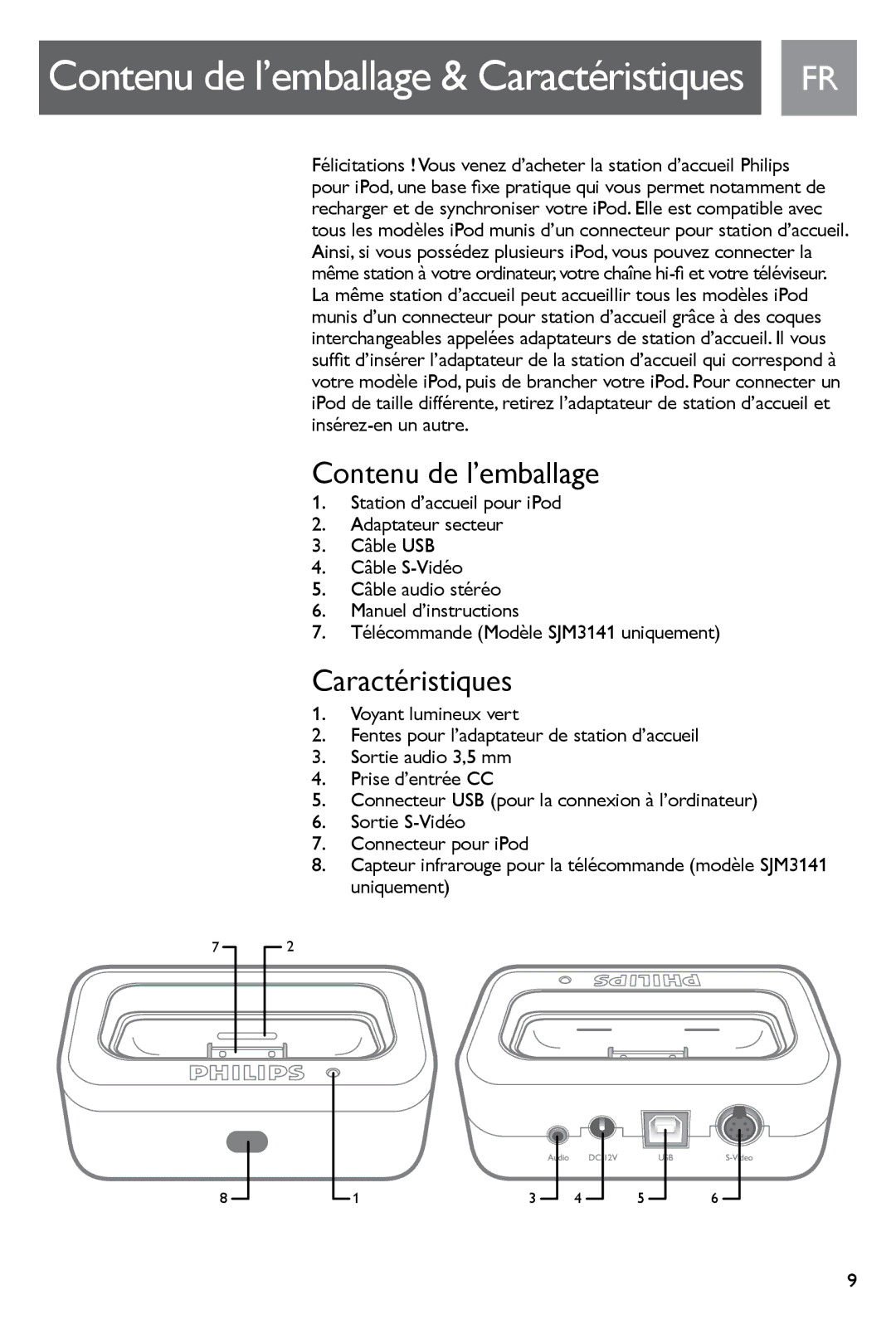 Philips SJM3141, SJM3140 user manual Contenu de l’emballage, Caractéristiques 