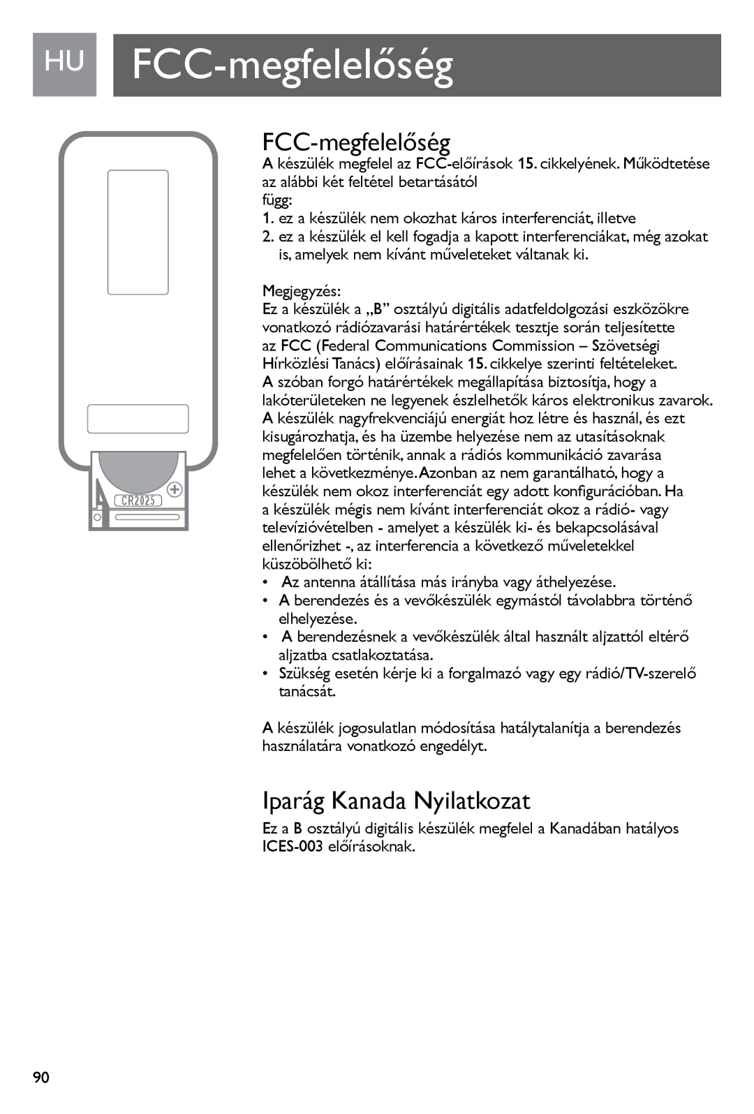 Philips SJM3140, SJM3141 user manual HU FCC-megfelelőség, Iparág Kanada Nyilatkozat 